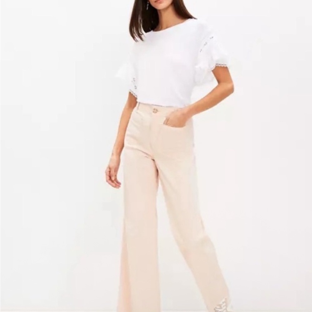 LOFT Palmer wide leg pants in a peach seersucker.